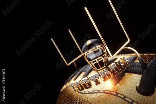 American football ball, helmet on a dark background in black and gold style. Playoff games, professional championship. Sports, collage, poster, flyer for advertising, design. 3D renderer.