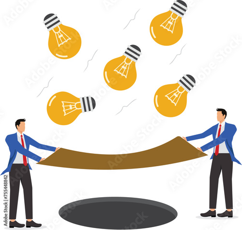 Two businessmen holding a trampoline safety netting, life net, jumping sheet to rescue a falling idea light bulb