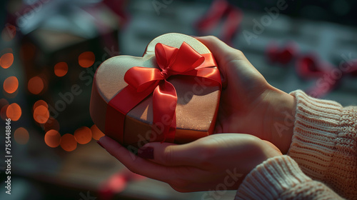 Behold the heart-shaped gift box, bedecked with vibrant red ribbons, as it reveals a moment filled with eager anticipation and genuine heartfelt surprise photo