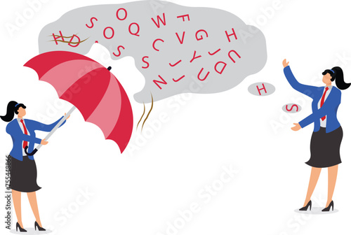 One bored woman holding a umbrella and another verbose man talking with a lot of alphabet