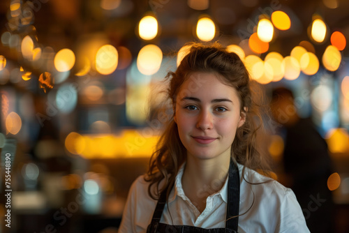 Portrait of hostess, blurred lights of an event space in the background. Long exposure, bokeh. Created with Generative AI technology. © Artem