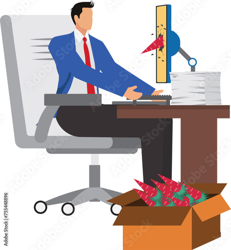 Businessman using computer at desk sitting on chair. (dangling a carrot)