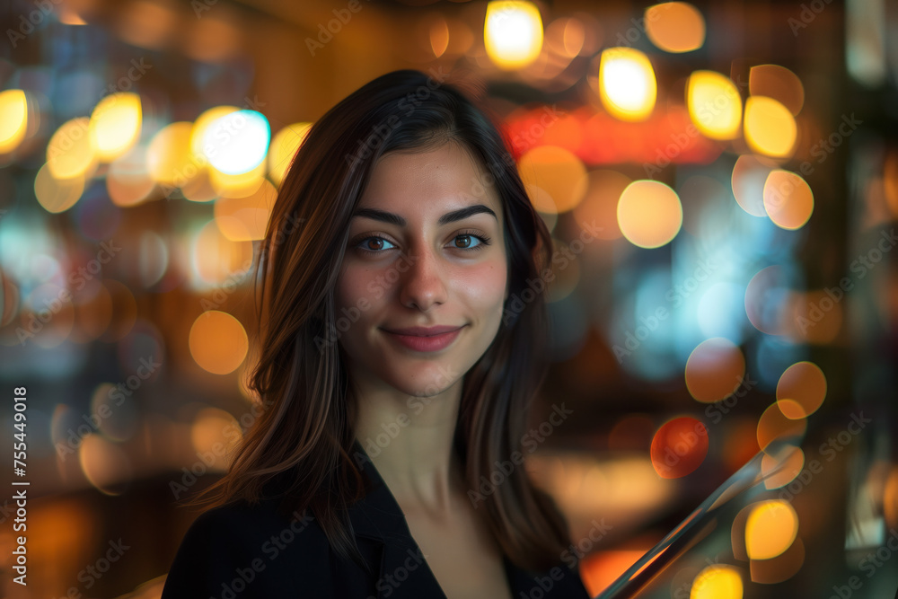 Portrait of hostess, blurred lights of an event space in the background. Long exposure, bokeh. Created with Generative AI technology. Portrait of hostess, blurred lights of an event space in the background. Long exposure, bokeh. Created with Generative AI technology.