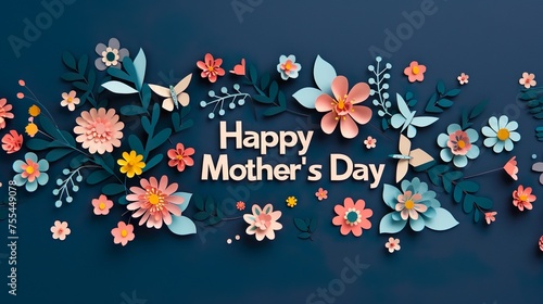 Happy Mother's Day Design with flowers and butterflies on blue background