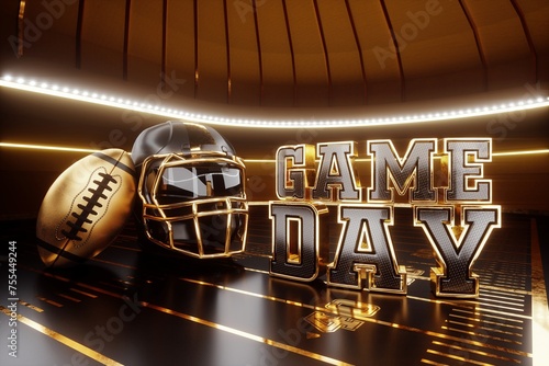 American football ball and game day inscription black and gold style. Playoff games, professional championship. Sports, collage, poster, flyer for advertising, design. 3D renderer.