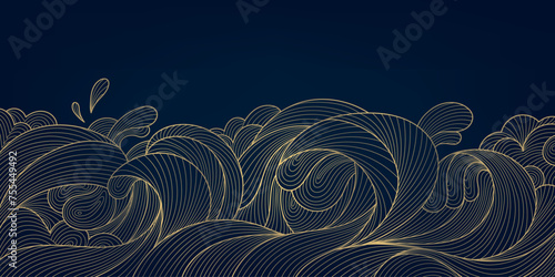 Vector golden ocean waves pattern. Japanese style background, abstract art sea, water ornament. Elegant banner luxury shape, landscape graphic. © marylia17