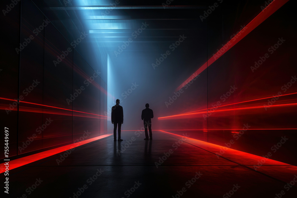 Industrial interior while security alert. Men stopped by security system. Futuristic surveillance system. Red alert. Security powered by artificial intelligence Industrial interior while security alert. Men stopped by security system. Futuristic surveillance system. Red alert. Security powered by artificial intelligence