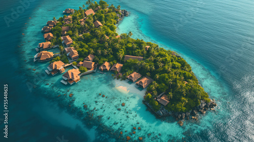 Maldives island scenic aeria; view, summer vacation tropical destination in the Indian sea illustration, hotel on idyllic remote scenic shore