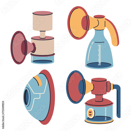 Breast pumps for breastfeeding vector cartoon set isolated on a white background.