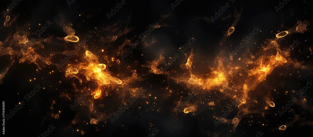Fiery orange and yellow flames dance and flicker against a stark black background, creating a striking contrast. Random flying fire sparks particles add a dynamic element to the composition.