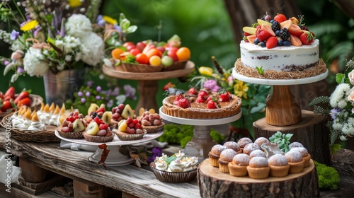 Rustic Easter Dessert Table with Carrot Cake and Fruit Tarts