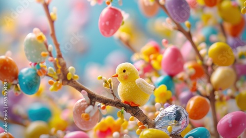 Colorful Easter Candy Tree with Marshmallow Chicks Close-Up photo