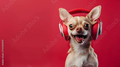 A shocked Chihuahua dog listens to music with headphones on a red background. There are spaces for text.