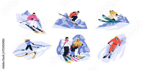 Skiers at ski resort set. People sliding downhill, down slope. Extreme sport, freeride, jumping on snowy winter holiday outside, outdoors. Flat graphic vector illustration isolated on white background