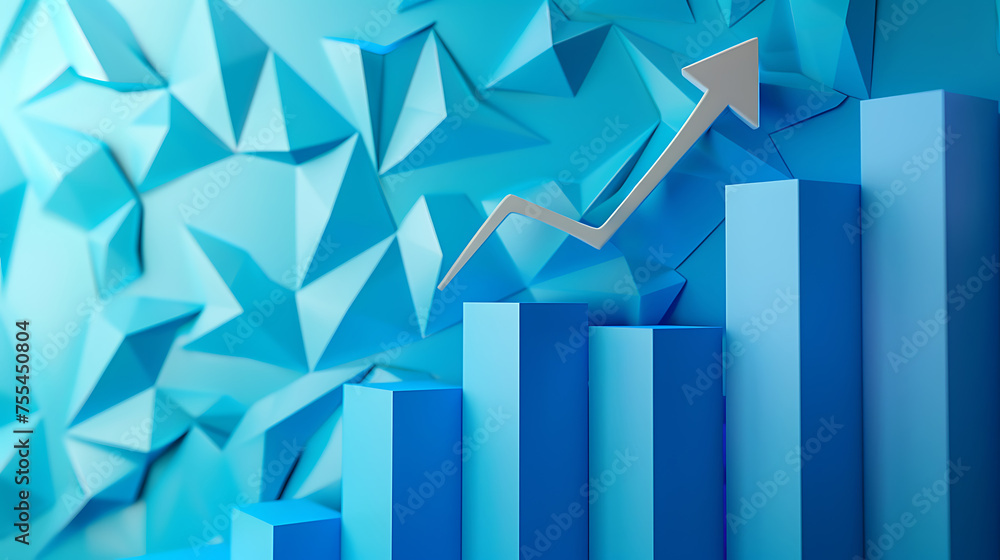 A vibrant photograph with a hyper-realistic depiction of a blue 3D business graph symbolizing profit and revenue growth, featuring a hovering arrow indicating positive market trends. Free space text. A vibrant photograph with a hyper-realistic depiction of a blue 3D business graph symbolizing profit and revenue growth, featuring a hovering arrow indicating positive market trends. Free space text.
