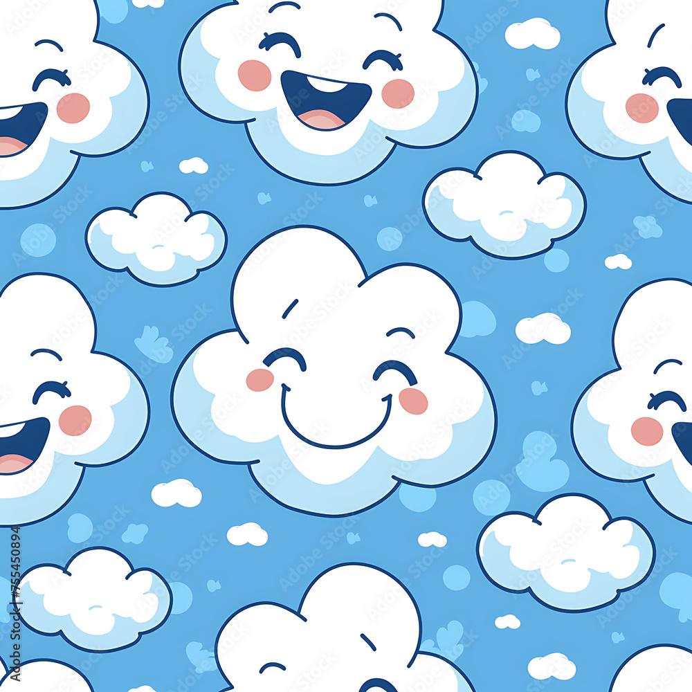 Vector illustration, Vibrant of muitple cloud pattern, they are joyful white smiley cloud face with playful expressions, doodle art style, blob-like shapes in a lively, flat art style ,blue background Vector illustration, Vibrant of muitple cloud pattern, they are joyful white smiley cloud face with playful expressions, doodle art style, blob-like shapes in a lively, flat art style ,blue background