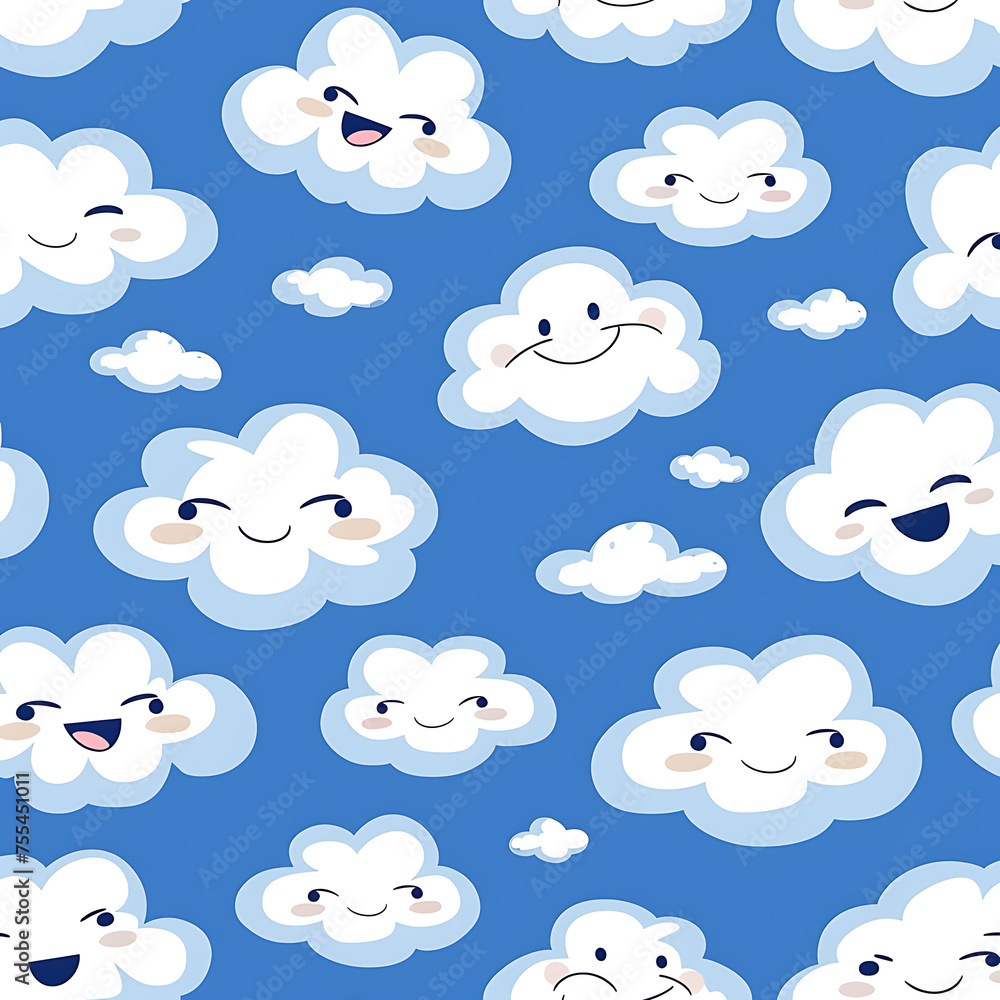 Vector illustration, Vibrant of muitple cloud pattern, they are joyful white smiley cloud face with playful expressions, doodle art style, blob-like shapes in a lively, flat art style ,blue background Vector illustration, Vibrant of muitple cloud pattern, they are joyful white smiley cloud face with playful expressions, doodle art style, blob-like shapes in a lively, flat art style ,blue background