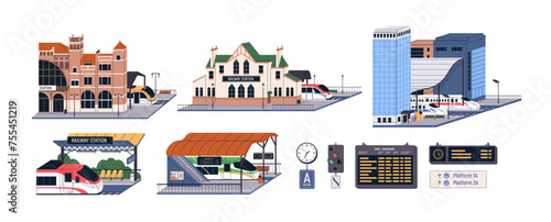 Railway stations set. Train, railroad transport, modern and old terminal building exteriors, arrival platforms, rail road schedule board, clock. Flat vector illustrations isolated on white background