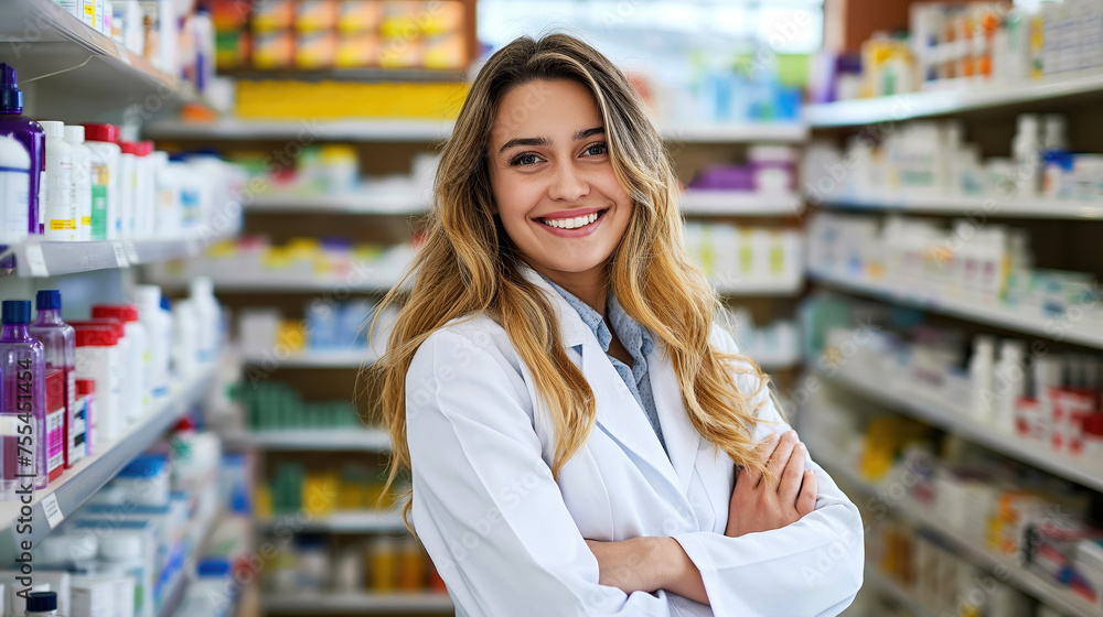 Inside the Drugstore, Smiling and Confident Young Female Pharmacist with Arms Crossed, Generative AI