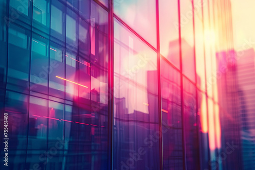 The glass wall of an office skyscraper reflects the sunrise and the buildings of the metropolis