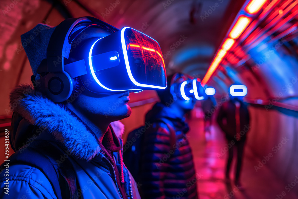 People using VR glasses spatial computer virtual reality goggles in public transportation, beautiful scenic cyberpunk neon People using VR glasses spatial computer virtual reality goggles in public transportation, beautiful scenic cyberpunk neon
