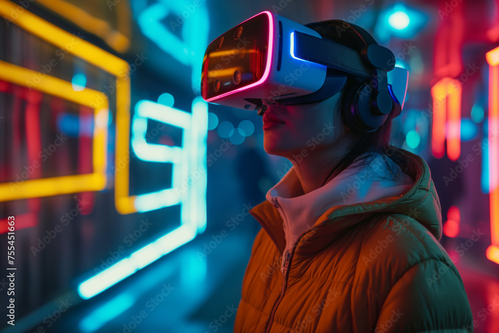 Woman using VR glasses spatial computer virtual reality goggles in public, beautiful scenic cyberpunk neon Woman using VR glasses spatial computer virtual reality goggles in public, beautiful scenic cyberpunk neon