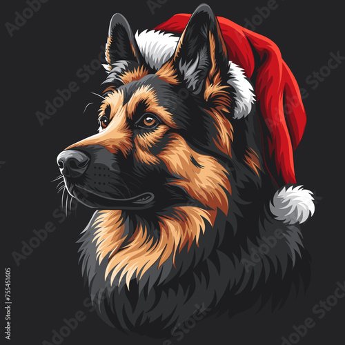 German Shepherd Wearing Santa Hat in Vector Illustration for Tshirt, Svg Vector Clipart