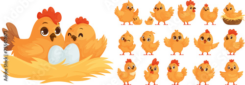 Large set of chicken family in cartoon. Yellow chickens, Hen hatches eggs. Mother hen and chicks. Big and small roosters. Chicken and rooster in the nest.