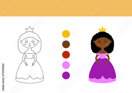 Coloring page for kids vector illustration. Black girl princess doll flat hand drawn clip art.
