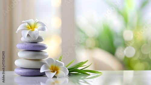 Zen Spa Balance with Stacked Stones and Frangipani Blooms in Serene Light. Peaceful Zen Balance with Stacked Pebbles and Frangipani Blossoms in Soft Light