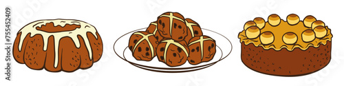 Easter cakes set. Happy Easter day bakery. Vector bread for cookbook, greeting card, poster, invitation, banner, menu design. Hand drawn doodle illustration cross ban, pannetone, Simnel cake