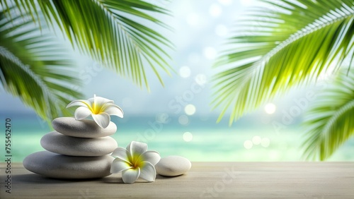 Tropical Zen Spa Concept with Balanced Stones and Frangipani Flowers. Tropical Palm Leaves. A warm sunny day on the ocean. A place of paradise.