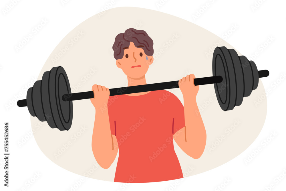 Weak man is doing fitness, trying to lift barbell to pump up big muscles and improve immunity. Tired guy doing sports exercise in gym, needs help of fitness trainer to achieve desired result Weak man is doing fitness, trying to lift barbell to pump up big muscles and improve immunity. Tired guy doing sports exercise in gym, needs help of fitness trainer to achieve desired result