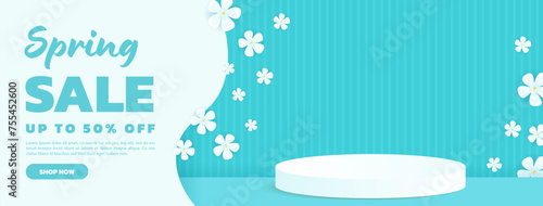 Banner for spring sales promotion. Celebrate spring with promotional banner ads featuring an exclusive podium to showcase your products.