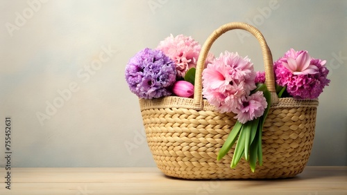 Charming Straw Basket Adorned with Vibrant Spring Hyacinth and Tulip Blossoms. Vibrant Seasonal Flowers in a Woven Straw Basket on a Wooden Table