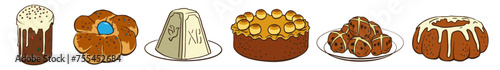 Easter cakes set. Happy Easter day bakery. Vector bread for cookbook, greeting card, poster, invitation, banner, menu design. Hand drawn doodle illustration cross ban, pannetone, Simnel cake