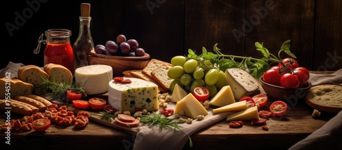 A variety of cheeses including cheddar, brie, and blue cheese are placed on a wooden table alongside olives, tomatoes, spices, and rusks. The display is neatly arranged with a napkin for presentation.