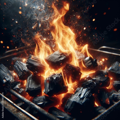 Charcoal blocks burn on a barbecue base 