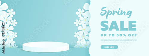 Banner for spring sales promotion. Celebrate spring with promotional banner ads featuring an exclusive podium to showcase your products.