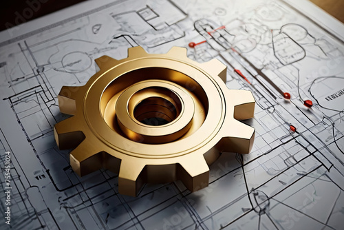 Golden gearwheel on technical blueprint. Fusion of technical expertise and strategic planning in project