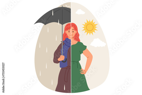 Girl feels improvement in mood when spring season changes to summer, and sun appears in sky. Weather and climate change affects mood of young woman due to differences in production of hormones