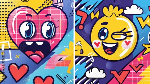 Posters in the style of Y2K posters with hearts and clouds emojis. Modern illustration of retro wave banners, cute smileys with big eyes, geometric background, doodle signs and retrowave designs.