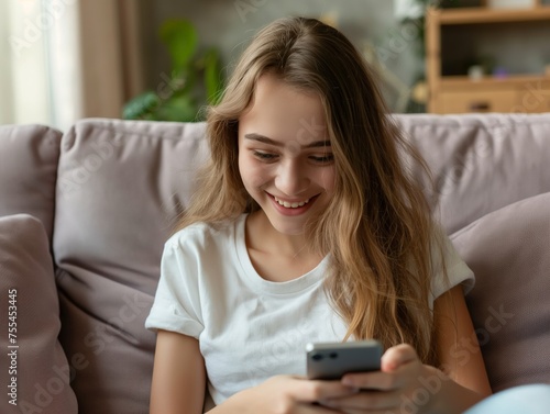 A cheerful young woman looks at her phone with a smile while relaxing on a couch, embodying leisure and connectivity.