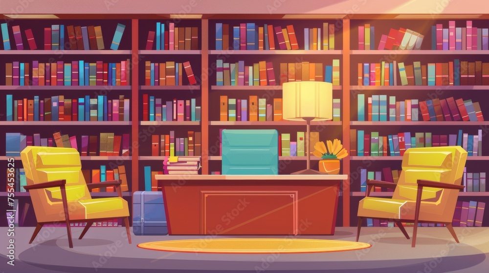 This cartoon modern illustration shows an interior of a school library or bookshop with a wooden cabinet containing rows of paper books on shelves, a desk with a stack of literature and a lamp,