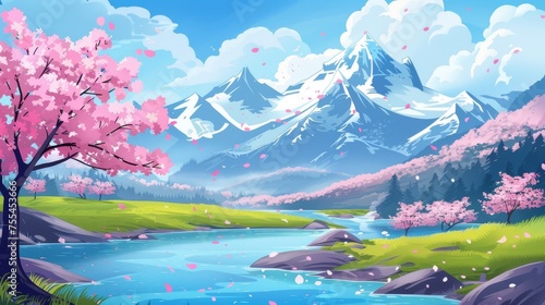 The landscape of a spring mountain river with old sakura trees. Modern illustration of a beautiful scene with blue water, pink cherry blossom petals, green grass on hills, and glacier peaks.