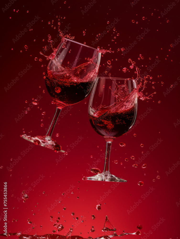 Dynamic Collision of Red Wine Glasses with Vivid Splashes Against Dark Red Background Dynamic Collision of Red Wine Glasses with Vivid Splashes Against Dark Red Background