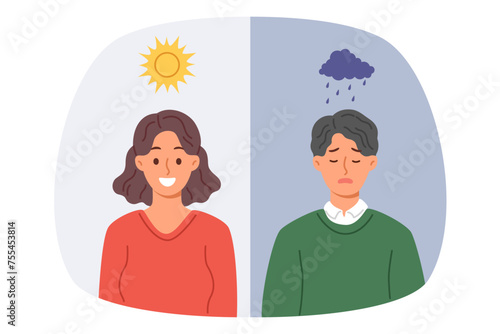 Influence of climate on human mood causes joy in woman during sunny weather or sadness in guy when it rains. People mood and behavior change after change of season and increase in production cartisol