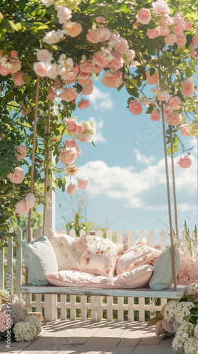 A picturesque summer image highlighting a rustic garden with roses