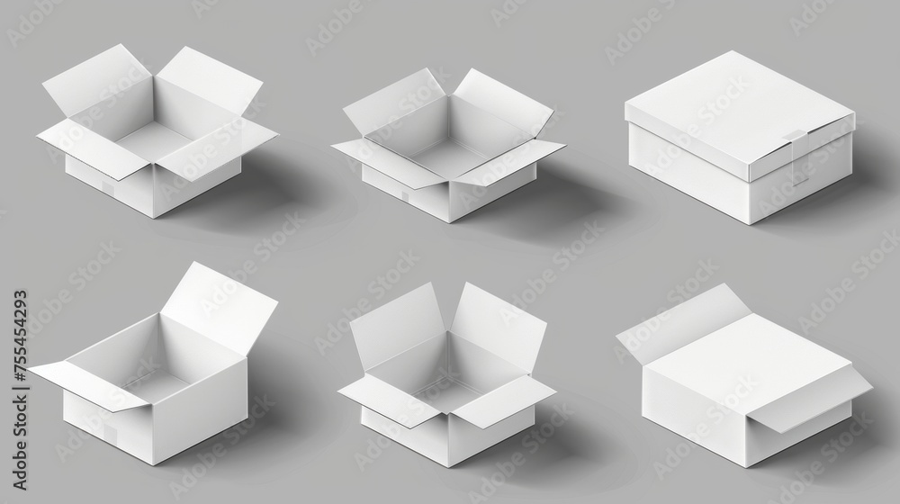 Box mockup set with white cardboard and gray background. Modern illustration of packages, mail delivery, gift packaging, and parcel with blank surface. Box mockup set with white cardboard and gray background. Modern illustration of packages, mail delivery, gift packaging, and parcel with blank surface.