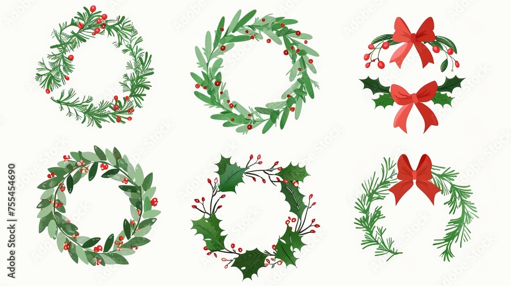 The design of a decorative Christmas door wreath is based on a cartoon illustration set of natural round frames made from leafy plant twigs and decorated with red berries and ribbon bows. The design The design of a decorative Christmas door wreath is based on a cartoon illustration set of natural round frames made from leafy plant twigs and decorated with red berries and ribbon bows. The design